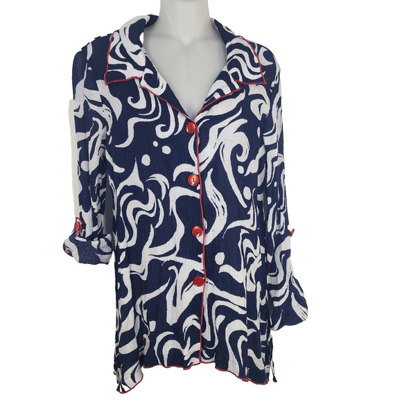 Ali Miles Womens Tunic Top Small Woven Abstract Print 3/4 Bell Cuffed Button Up - Picture 1 of 11